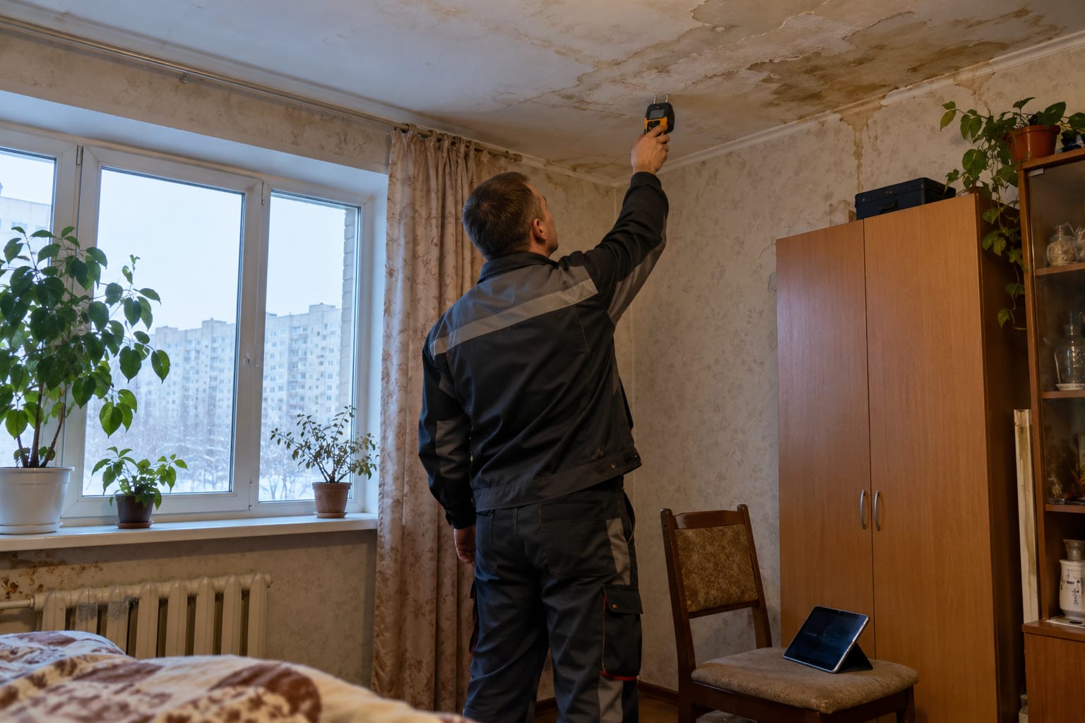 Эксперт измеряет влажность потолка в квартире после залива